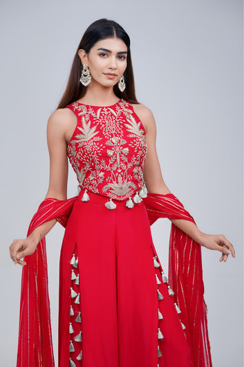 Fiery Red Embroidered Palazzo Set with Tassel Details