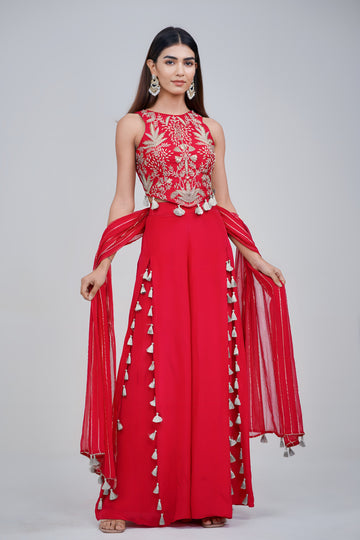 Fiery Red Embroidered Palazzo Set with Tassel Details