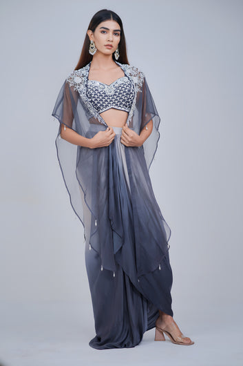 Midnight Ombre Draped Saree Set with Embroidered Cape