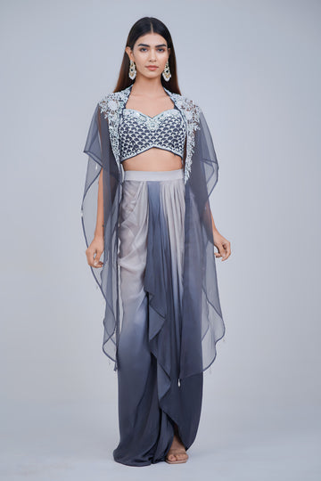 Midnight Ombre Draped Saree Set with Embroidered Cape