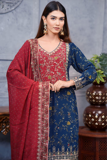 Dark Blue Digital Printed Pakistani Suit With Red Contrast And Flared Garara