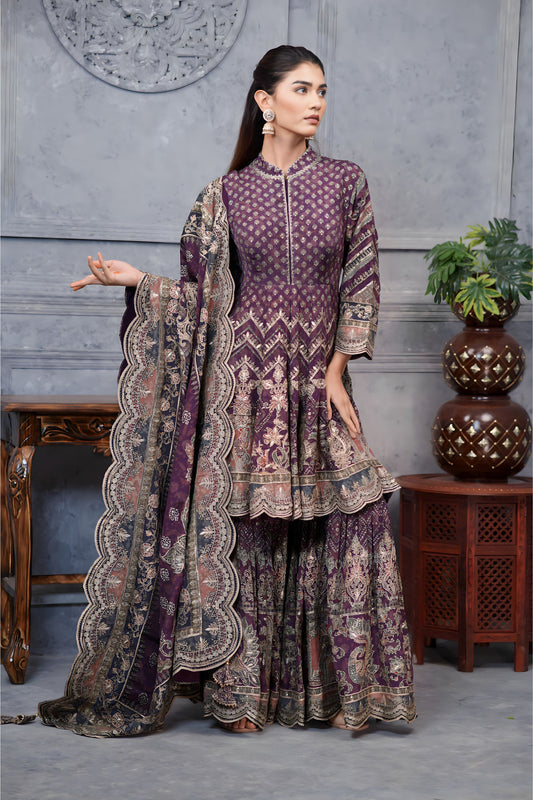 Purple Digital Printed Frock Suit With Garara And Golden Highlites