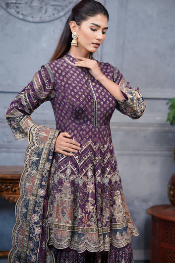 Purple Digital Printed Frock Suit With Garara And Golden Highlites