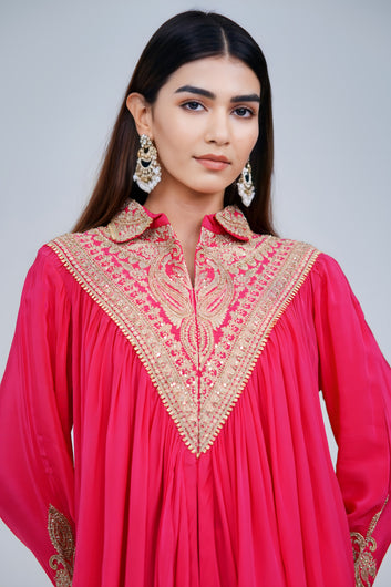 Bright Pink Embellish Collar Kaftan Set