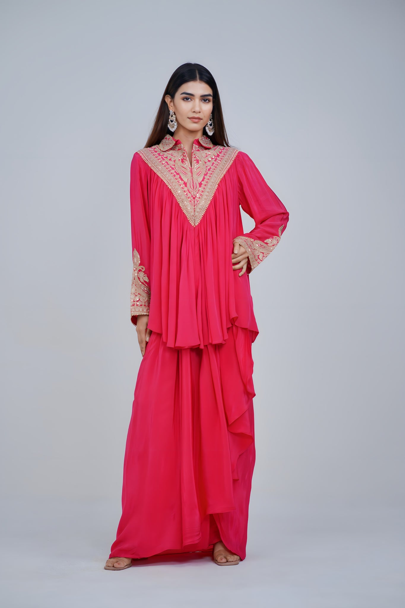 Bright Pink Embellish Collar Kaftan Set