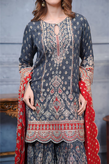 Gray and Red Pure Crepe Garara Ensemble