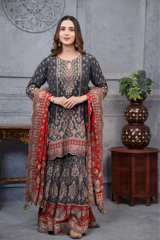 Gray and Red Pure Crepe Garara Ensemble