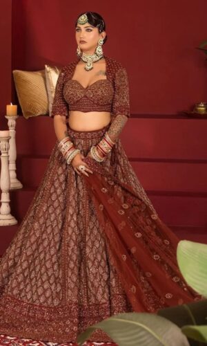 Maroon Heavy Flared Bridal Lehenga with Choli Cut Blouse Adorned with Merging Craftsmanship and Dupatta