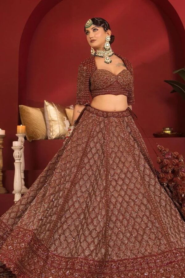 Maroon Heavy Flared Bridal Lehenga with Choli Cut Blouse Adorned with Merging Craftsmanship and Dupatta