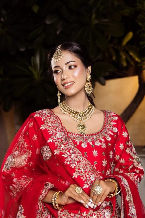 Turkey Red Hand Stitched Lehenga with Long Top and Dupatta