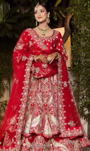 Turkey Red Hand Stitched Lehenga with Long Top and Dupatta