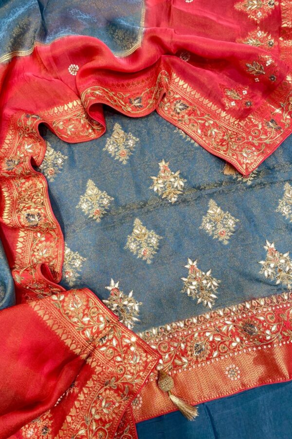 Fluorescent Elegance: Zari Woven Suit with Gota & Leather Detailing