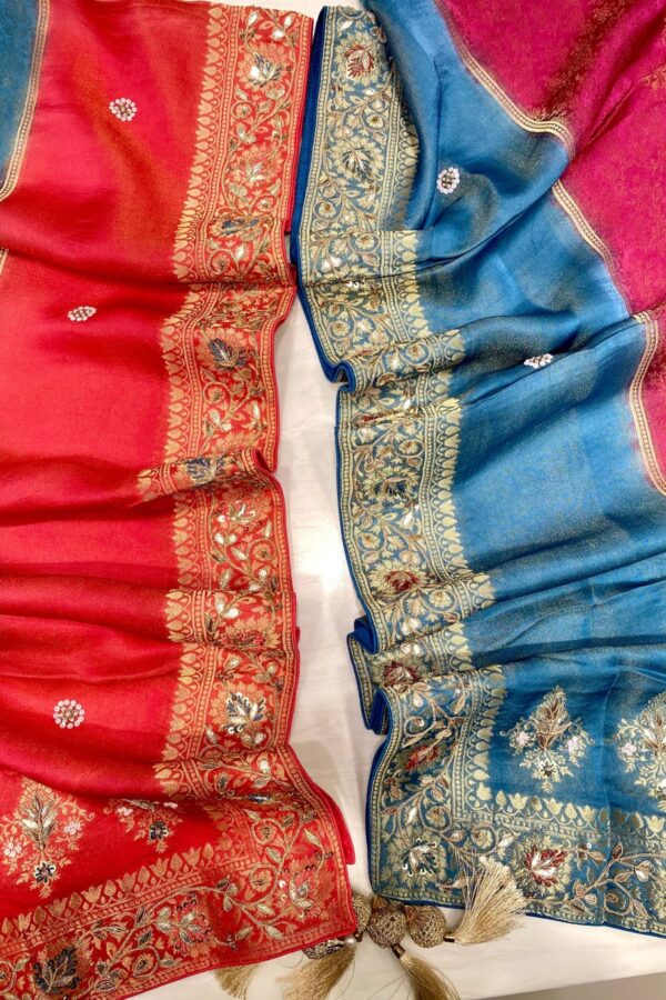 Fluorescent Elegance: Zari Woven Suit with Gota & Leather Detailing