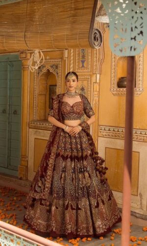 Stunning Maroon Hand Stitched Bridal Lehenga with Choli Cut Blouse and Elegant Hangings