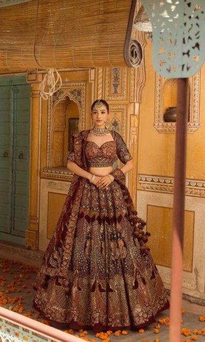 Stunning Maroon Hand Stitched Bridal Lehenga with Choli Cut Blouse and Elegant Hangings