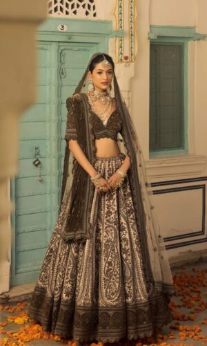 Ivory and Mehendi Hued Bridal lehenga with Resham Work Paired with Micro Blouse, Odhani and Bubble Net Dupatta.