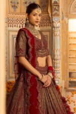 Cherry maroon bridal lehenga with handcrafted embroidery and scalloped dupatta