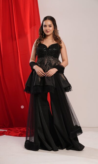 Girly Indo Western Peplum Top with Sequins, Beads and Bell Bottom