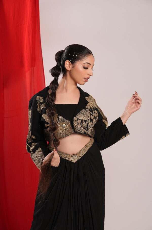 Black Indo Western Shrug with Golden Sequin and Pleated Skirt