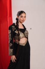 Black Indo Western Shrug with Golden Sequin and Pleated Skirt