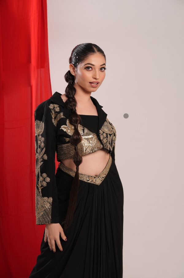 Black Indo Western Shrug with Golden Sequin and Pleated Skirt