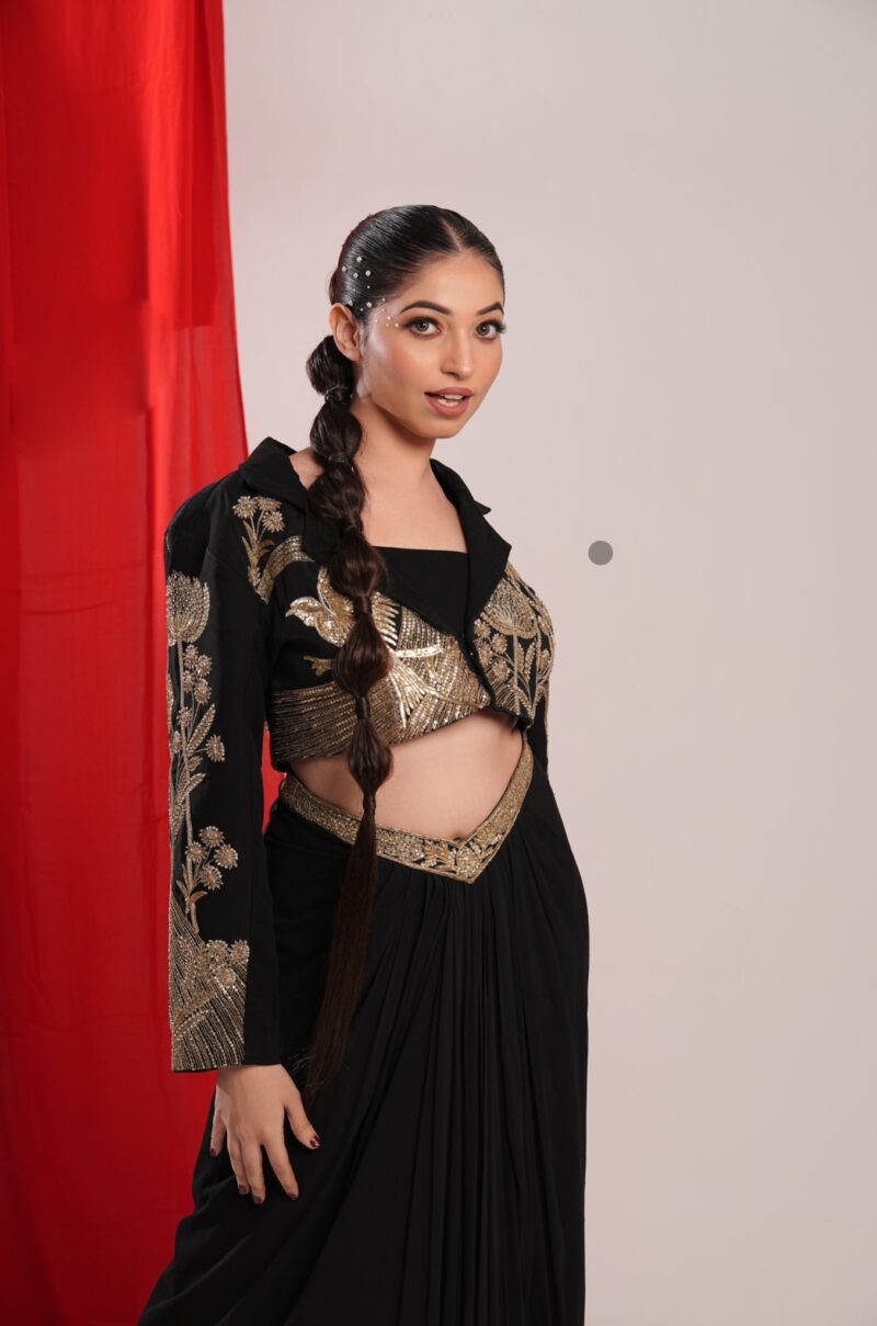 Black Indo Western Shrug with Golden Sequin and Pleated Skirt