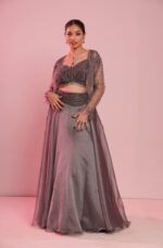 Flairy Metallic Pastel Grey Lehenga Choli with Beads and Bubble Net Shrug
