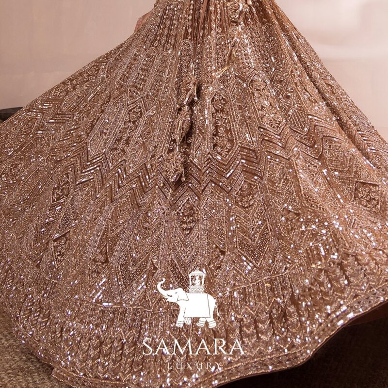 Copper Gold Hued Flairy Lehenga Stunningly Paired with Crop Top and Dupatta