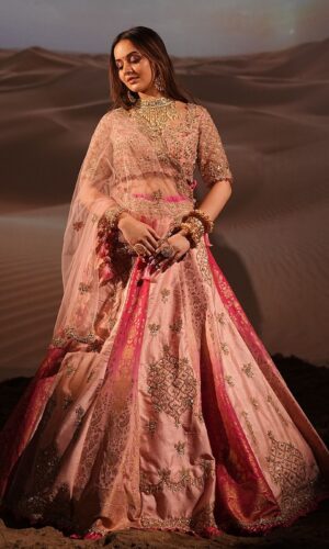 Banarasi Peach and Hot Pink Hand Stitched Lehenga with Crop Top and Dupatta