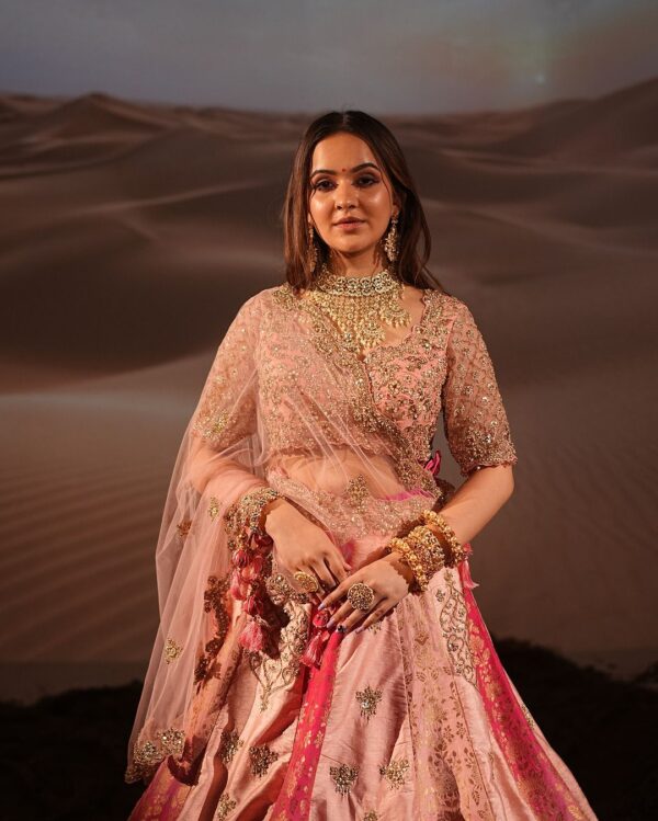 Banarasi Peach and Hot Pink Hand Stitched Lehenga with Crop Top and Dupatta