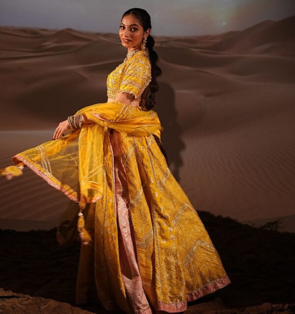Mustard Banarasi Lehenga with Gota Work, Paired with Choli and Dupatta