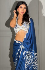 Royal Blue Hued Floral Printed Saree Paired with Hand Stitched Beaded Top
