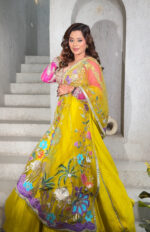 Mustard and pink hued lehenga choli with appliqué dupatta