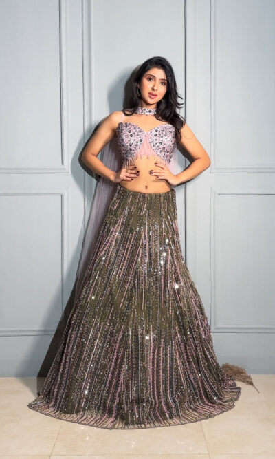 Green and pink hued girly lehenga choli