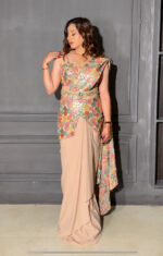 Almond hued embroidered pre-draped saree with waist belt