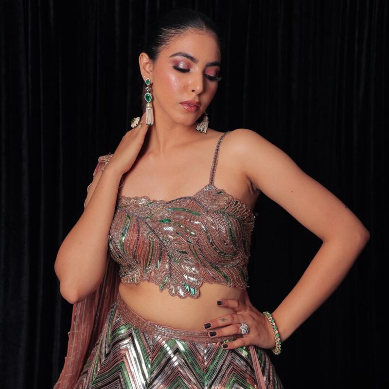 Metallic Diagonal Leather Crafting on Flared Lehenga  Paired with Applique Embellished Top and attachable duappata