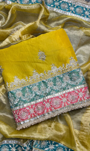 Bright Mustard Hued Embroided Unstiched Suit