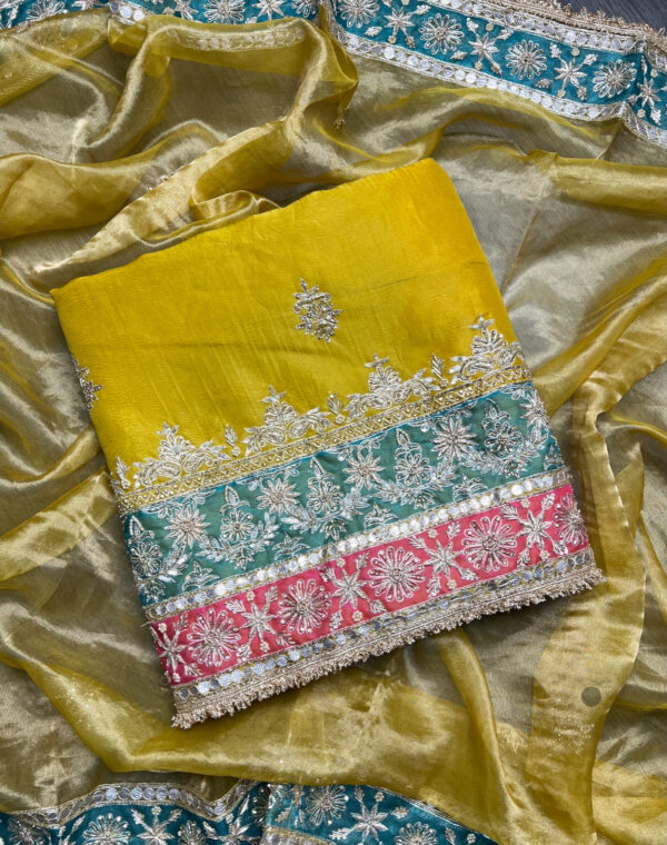 Bright Mustard Hued Embroided Unstiched Suit
