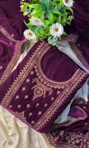 Bright Purple Pakistani Micro Velvet Suit with Golden Embroidery & Velvet Dupatta
