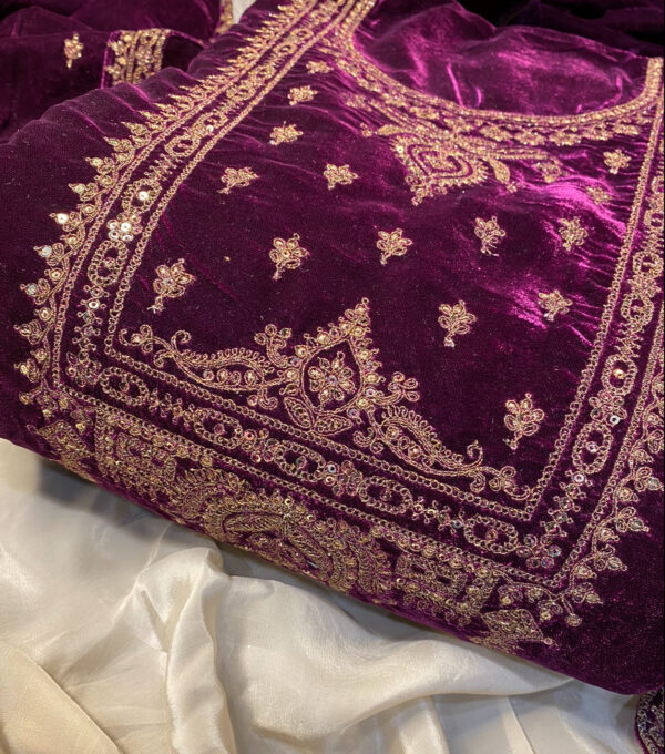 Bright Purple Pakistani Micro Velvet Suit with Golden Embroidery & Velvet Dupatta