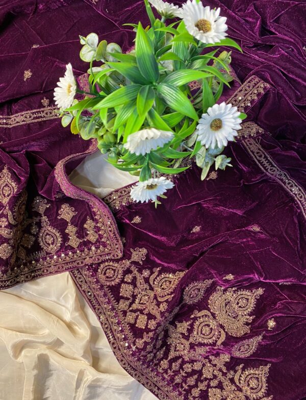 Bright Purple Pakistani Micro Velvet Suit with Golden Embroidery & Velvet Dupatta