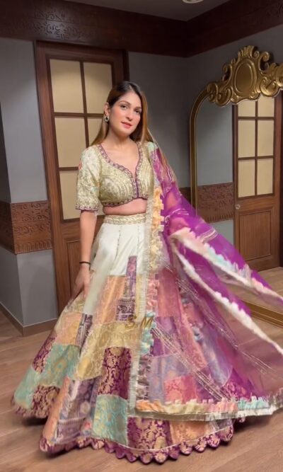 Ivory Golden Tissue Fairy Lehenga with Banarasi Patching & Contrast Dupatta