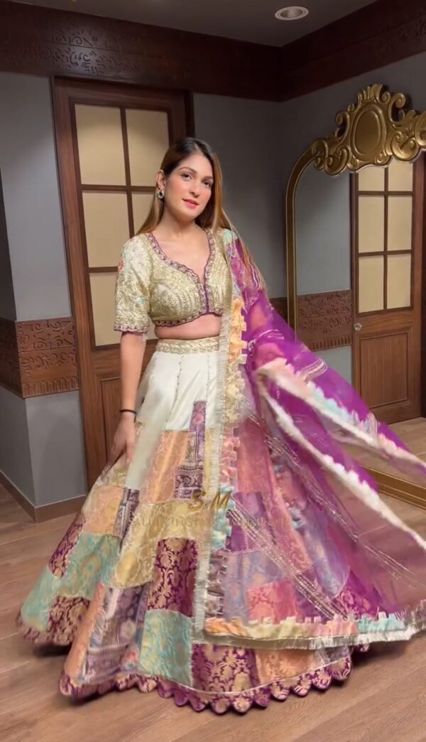 Ivory Golden Tissue Fairy Lehenga with Banarasi Patching & Contrast Dupatta