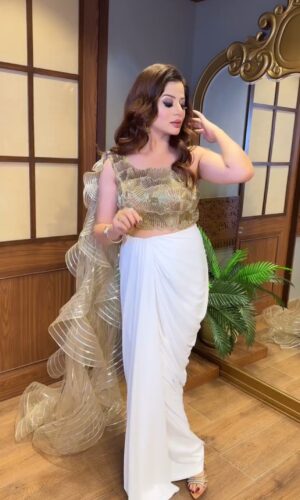 Indo-Western Drape Saree with Golden Highlights and Ruffles