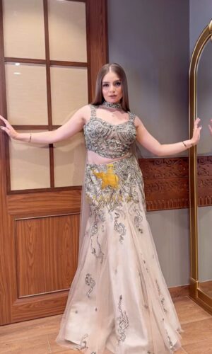 Glamorous Gold Beige Mermaid Lehenga Set