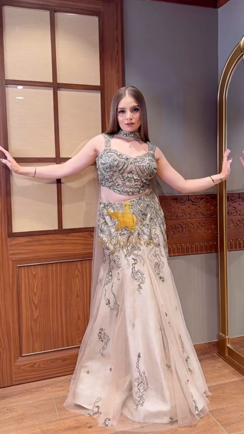 Glamorous Gold Beige Mermaid Lehenga Set