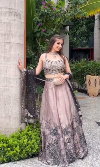 Onion Pink Lehenga Choli with Black Appliqué & Japanese Net Dupatta