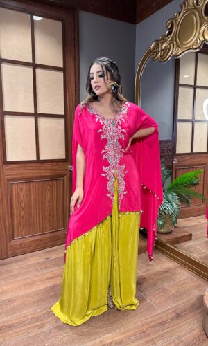 Fluorescent Kaftan with Silver Dori Embroidery and Contrast Zari