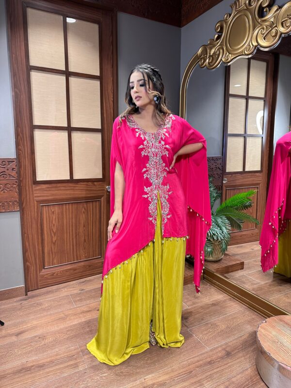 Fluorescent Kaftan with Silver Dori Embroidery and Contrast Zari