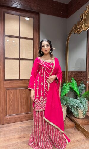 Fluorescent Hot Pink Garara Suit with Zarkan and Nalki Work